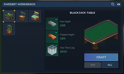 Four machine recipes at the Kweebet Workbench, with Blackjack selected