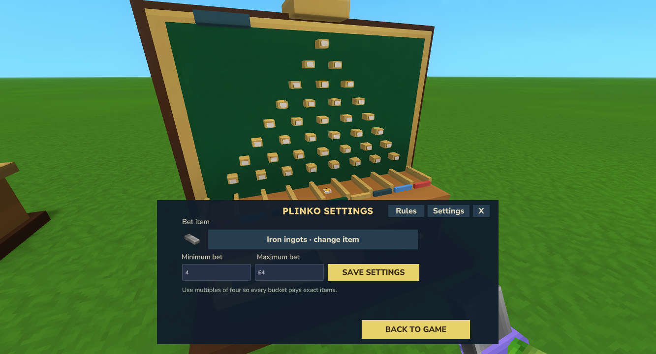 Plinko Settings with one item selector and minimum and maximum bet fields