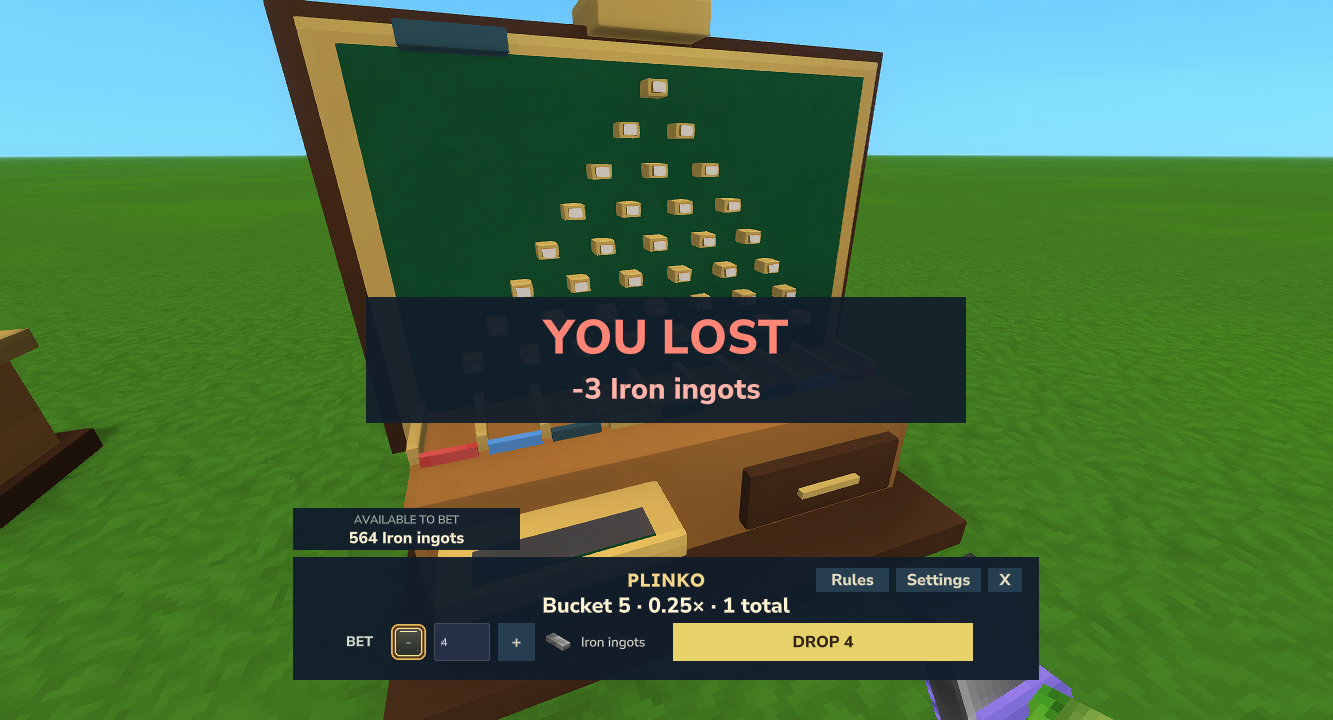 Plinko showing a saved four-Iron result with one Iron returned and a net loss of three