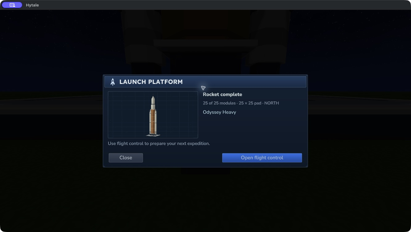 Completed Odyssey Heavy construction panel with its full-height rocket preview and flight-control button
