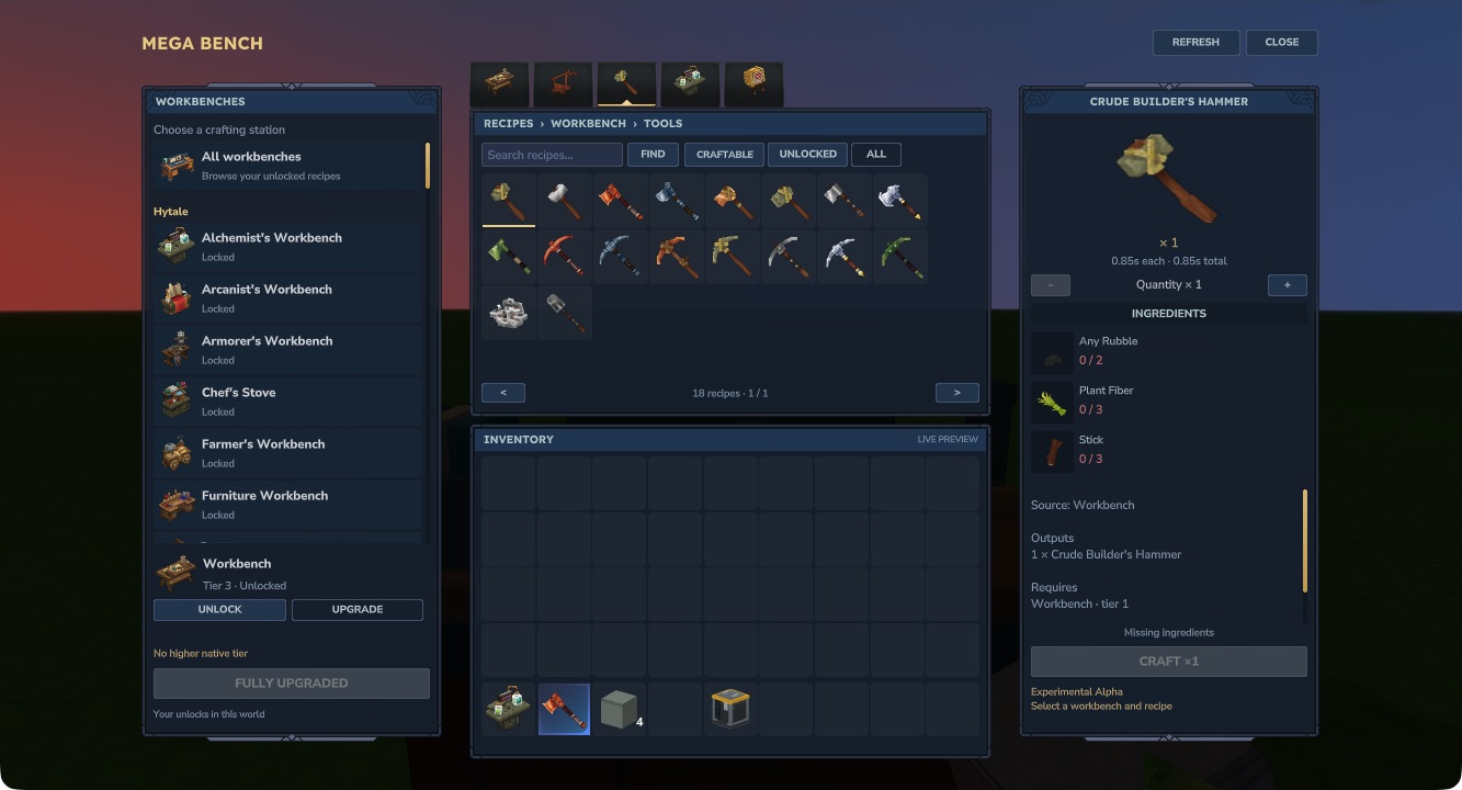 Current Mega Bench interface showing personal workbench tiers on the left, the recipe grid in the centre and selected recipe details on the right