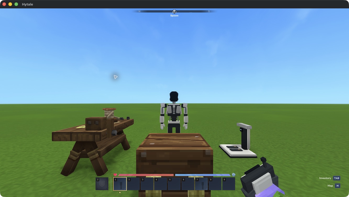 Workbench, storage Chest, Assembly Dock and deployed Optimus in Hytale