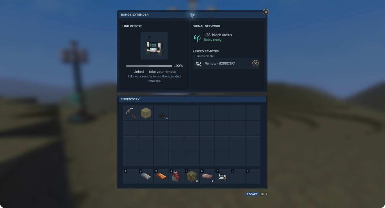 Range Extender linking panel and full player inventory
