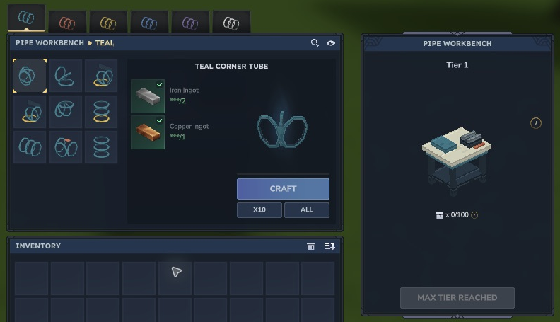 Pipe Workbench recipe grid, six colour tabs and the native craft control
